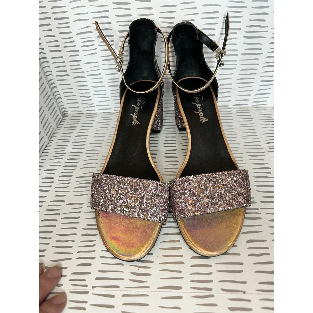 Free People Womens 39 Purple Multi Glitter Block Heel Ankle Strap Sandals‎ Disco